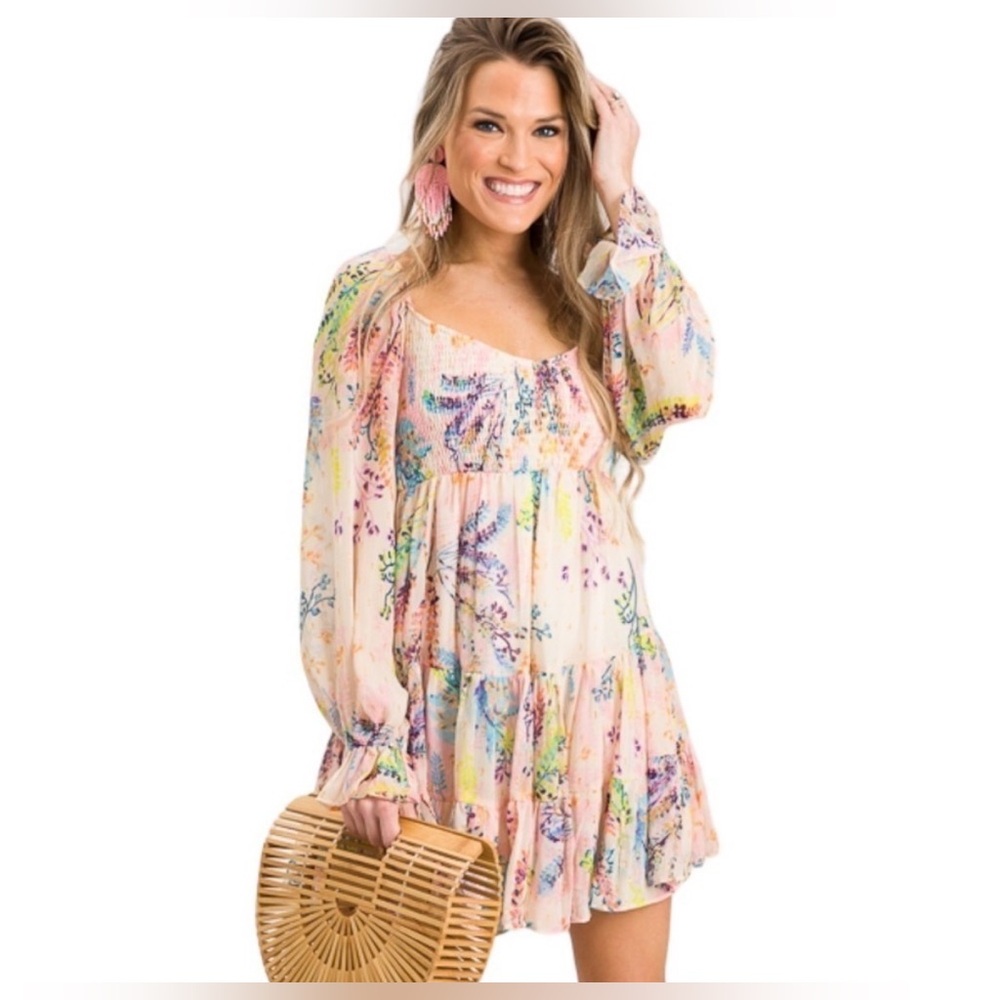 BTFL-Life Floral Metallic Dot Babydoll Mini Dress in Sherbet